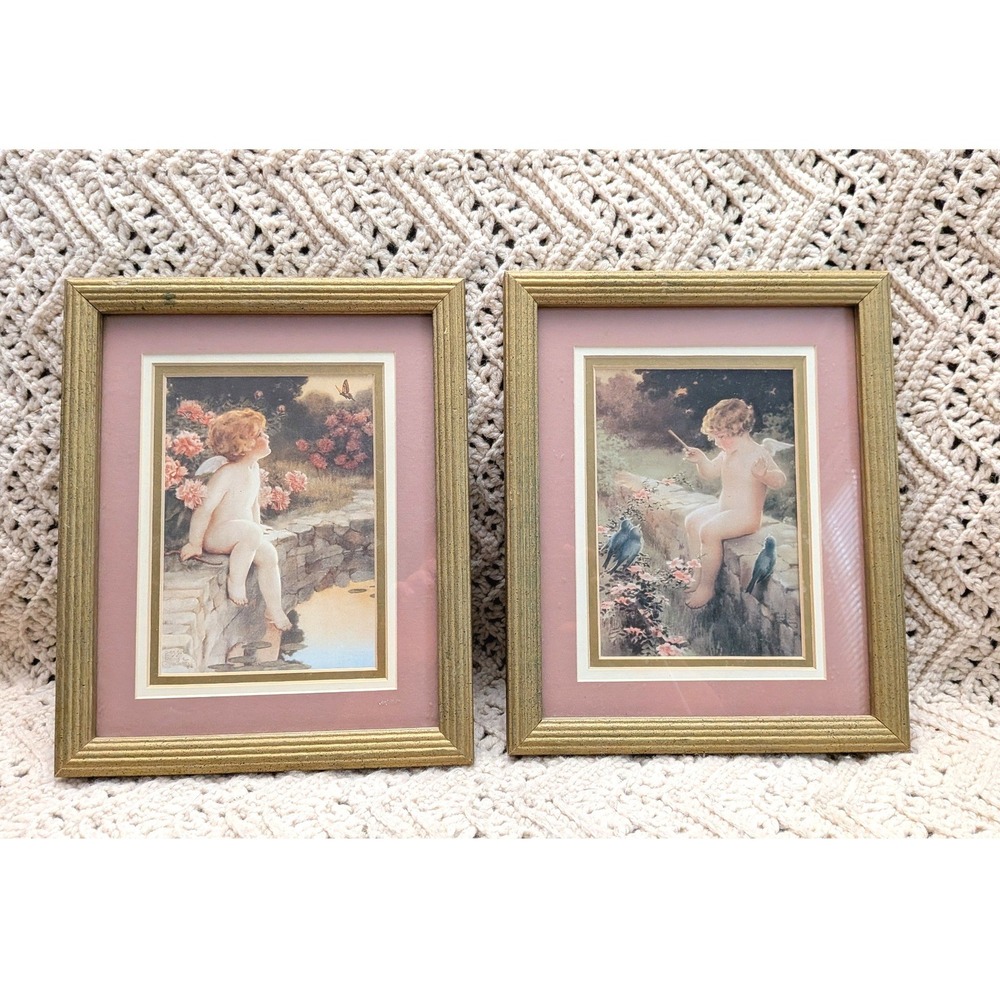 Bessie Pease Gutmann Cherub Prints Framed Pair Vintage Gold Ornate 11x9 Pink Mat